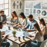 A diverse group of individuals engaged in a financial planning discussion at a table, surrounded by laptops, charts, and documents.