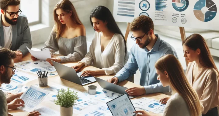 A diverse group of individuals engaged in a financial planning discussion at a table, surrounded by laptops, charts, and documents.