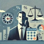 Split scene of a debt collector calmly speaking on the phone and icons representing credit scores, justice scales, and consumer protection, set against a blue and gray background.