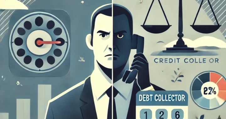 Split scene of a debt collector calmly speaking on the phone and icons representing credit scores, justice scales, and consumer protection, set against a blue and gray background.