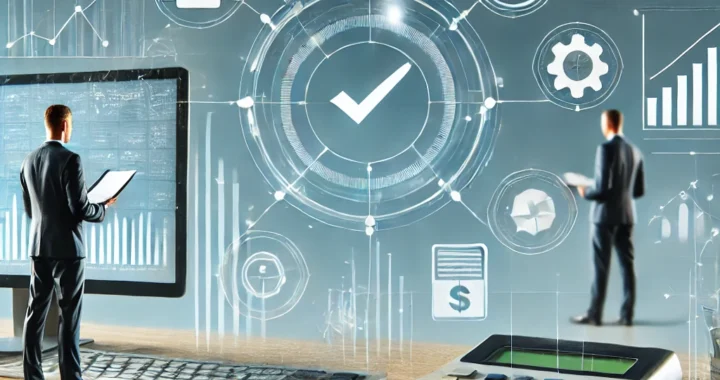 Professional business setting with two people analyzing financial data on a digital dashboard, showcasing debt collection industry trends, compliance checkmarks, and graphs, symbolizing ethical practices and digital tools.