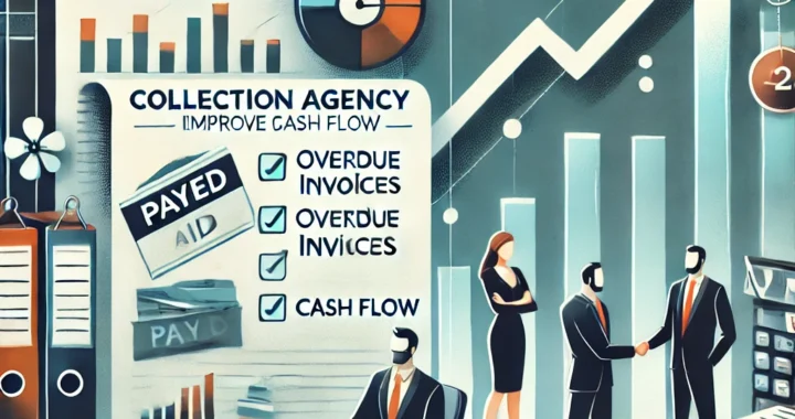 Illustration of professionals in a business office setting discussing financial growth charts, with documents marked as 'paid,' a rising cash flow graph, and symbols of collaboration like a handshake and calculator.