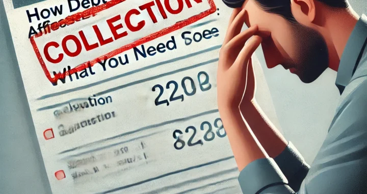 A distressed credit report with a red "COLLECTION" stamp, a calculator, and a worried person looking at their finances, symbolizing the impact of debt collection on credit scores.