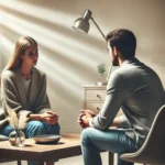 An empathetic debt collector speaking with a person in distress, showing compassion and understanding in a calm office setting.