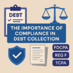 Digital illustration representing compliance in debt collection with regulatory symbols like FDCPA, Reg F, TCPA, and legal imagery.