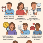 Cartoon-style infographic showing common mistakes to avoid when working with a collection agency, including waiting too long to place accounts, providing incomplete information, failing to communicate, not reviewing agreements, overlooking reports, sending invalid accounts, and not treating the agency as a partner.