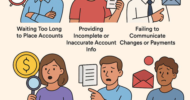 Cartoon-style infographic showing common mistakes to avoid when working with a collection agency, including waiting too long to place accounts, providing incomplete information, failing to communicate, not reviewing agreements, overlooking reports, sending invalid accounts, and not treating the agency as a partner.