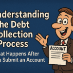 Cartoon-style businessman holding a paper labeled “Account,” smiling and gesturing beside bold text that reads “Understanding the Debt Collection Process: What Happens After You Submit an Account.”