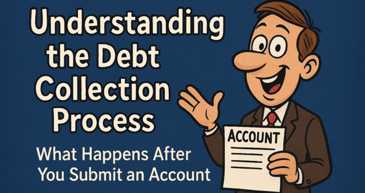 Cartoon-style businessman holding a paper labeled “Account,” smiling and gesturing beside bold text that reads “Understanding the Debt Collection Process: What Happens After You Submit an Account.”