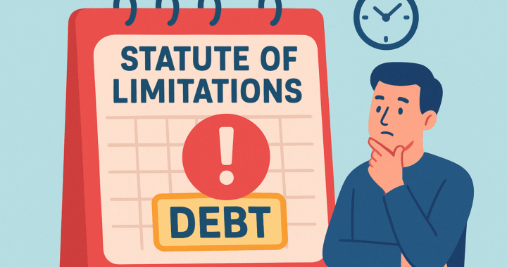 Cartoon-style illustration of a calendar and legal documents symbolizing the statute of limitations on debt