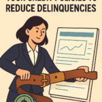 Cartoon-style illustration showing business professionals in a modern office analyzing financial data to improve credit policies and reduce delinquencies.