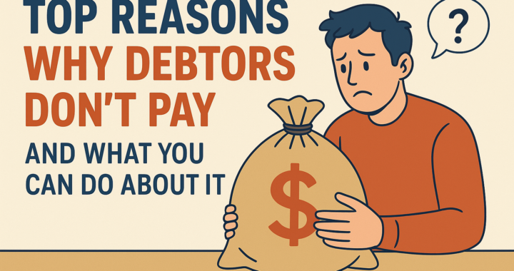 Cartoon-style illustration showing a worried man holding a large money bag, with the text “Top Reasons Why Debtors Don’t Pay and What You Can Do About It.”