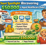 Illustration showing successful collection of $50,000 in aged debt for a client, with charts and money symbols in a professional style