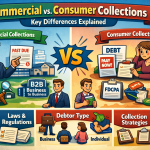 Comparison of commercial and consumer debt collections showing differences in regulations, communication, and recovery strategies.