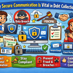 Cartoon-style infographic showing a debt collector and consumer using secure digital tools like encrypted email, client portals, and safe payments to protect sensitive financial information.