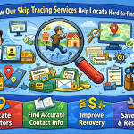 Cartoon-style infographic showing a debt collector using skip tracing tools like databases, maps, and magnifying glass to locate hard-to-find debtors.