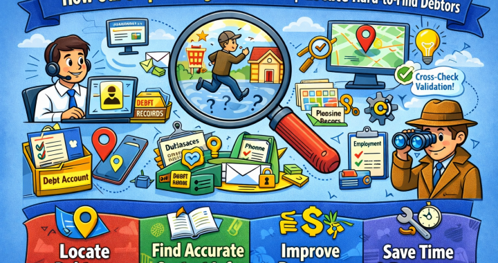 Cartoon-style infographic showing a debt collector using skip tracing tools like databases, maps, and magnifying glass to locate hard-to-find debtors.