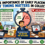 Cartoon-style infographic comparing early and late debt collection placement, showing how early action improves recovery rates, communication, and documentation.