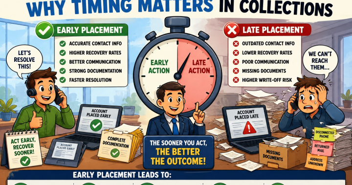 Cartoon-style infographic comparing early and late debt collection placement, showing how early action improves recovery rates, communication, and documentation.