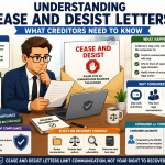 Infographic explaining cease and desist letters in debt collection, featuring a creditor reviewing a consumer request to stop communication and outlining compliance requirements.