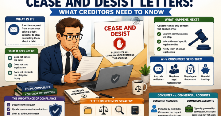 Infographic explaining cease and desist letters in debt collection, featuring a creditor reviewing a consumer request to stop communication and outlining compliance requirements.